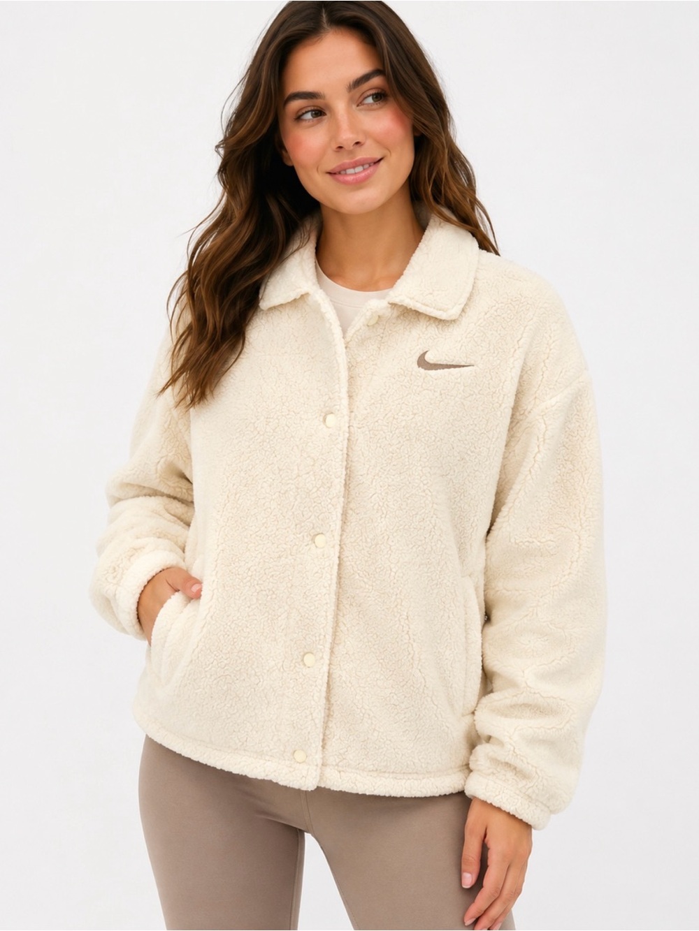 Nike Cream Sherpa oversized Button-Front Jacket
